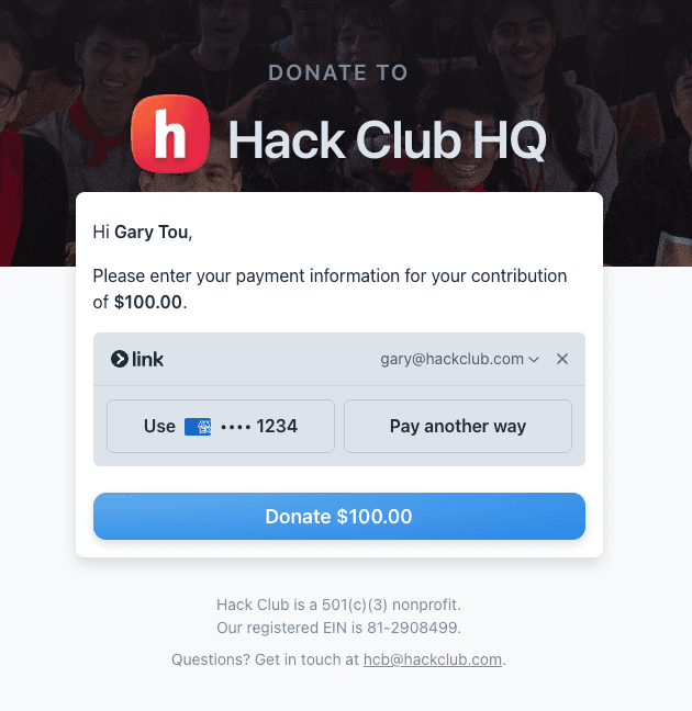 Screenshot of HCB donation page with Link