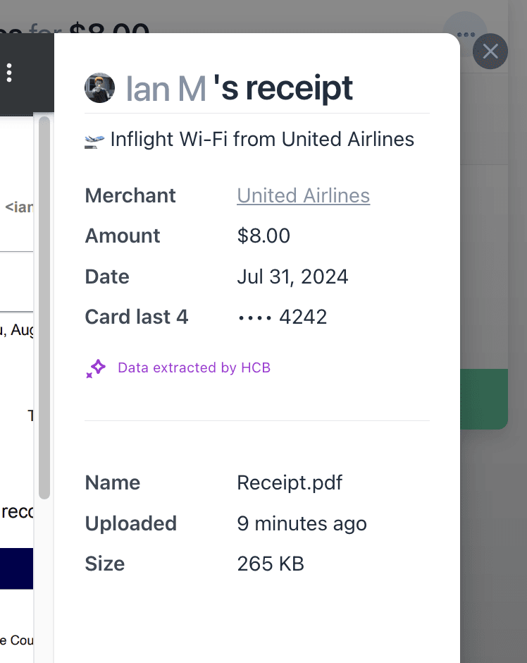 Screenshot of receipt sidebar