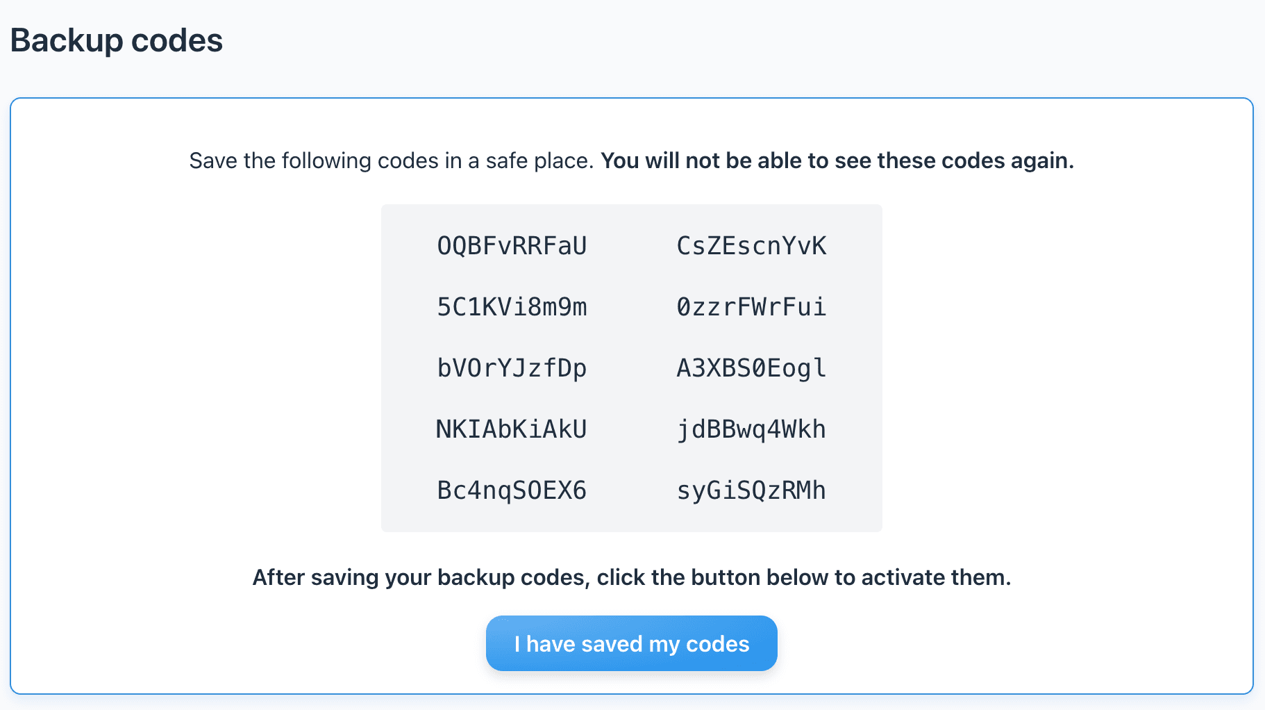 A photo showing the backup codes section in user security settings with a newly generated set of backup codes.